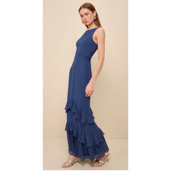 Lulus Lovely Arrival Dark Blue Chiffon Ruffle Tiered Maxi Dress Size L - Picture 9 of 11
